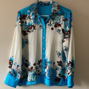 ZARA Silk Floral Print Western Button UpLong Sleeves Blouse, Size M